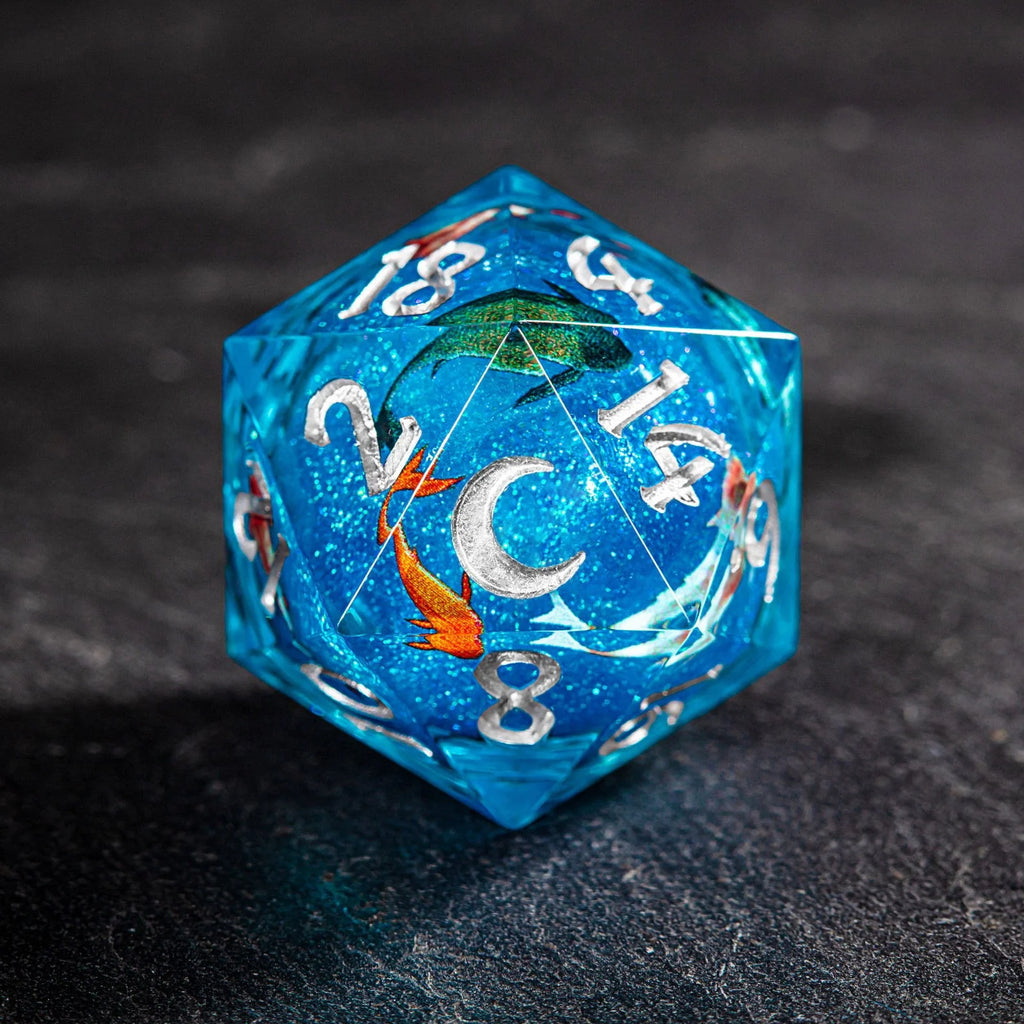 Aquamarine Koi Fish Liquid Core Resin Moon DnD D&D Dice Set