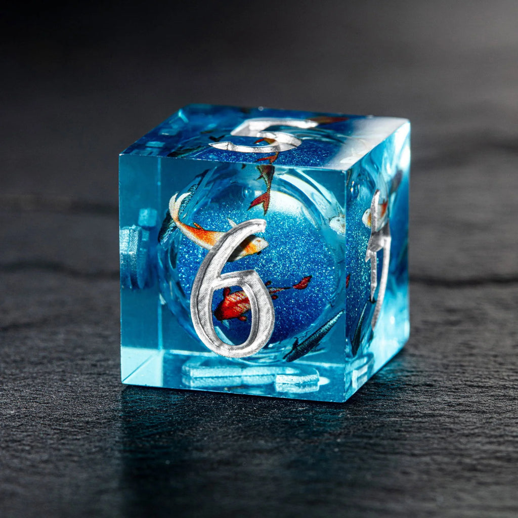 Aquamarine Koi Fish Liquid Core Resin Moon DnD D&D Dice Set