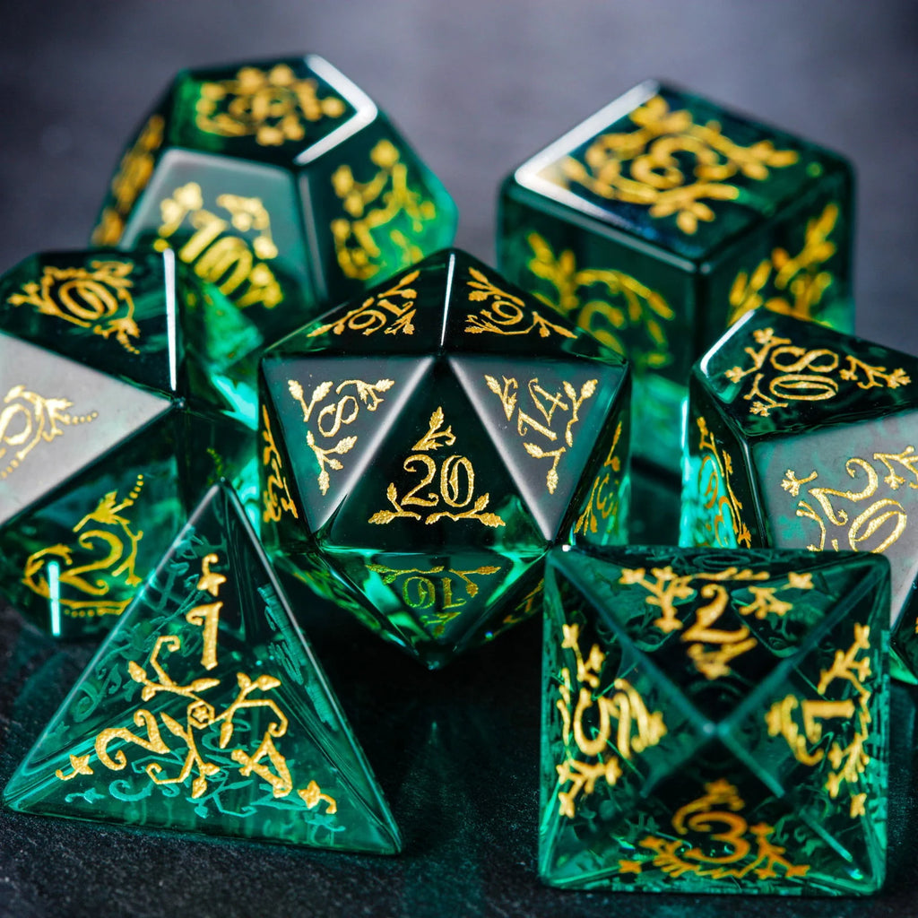 Green Glass Plant Vine Motif DnD D&D Dice Set