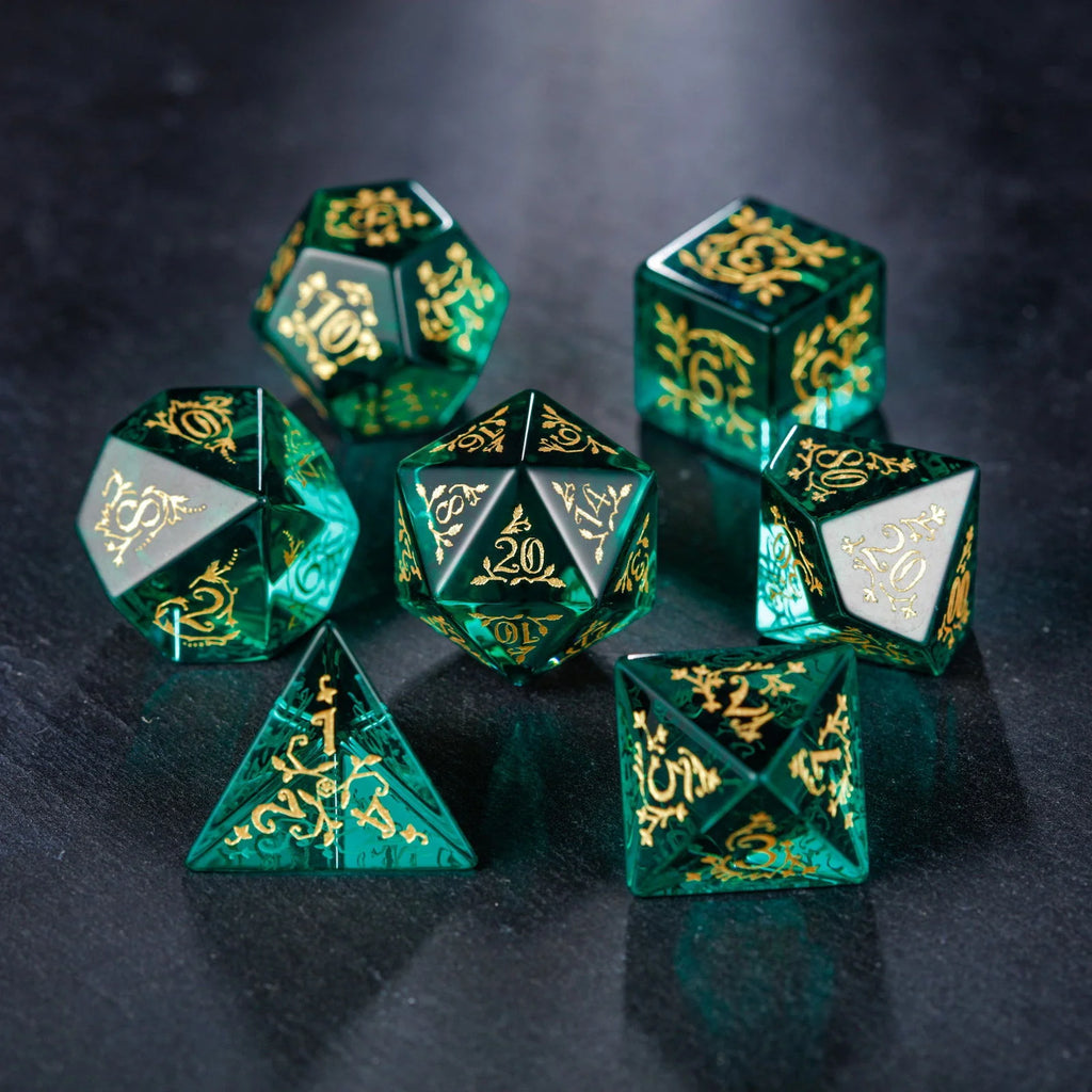 Green Glass Plant Vine Motif DnD D&D Dice Set
