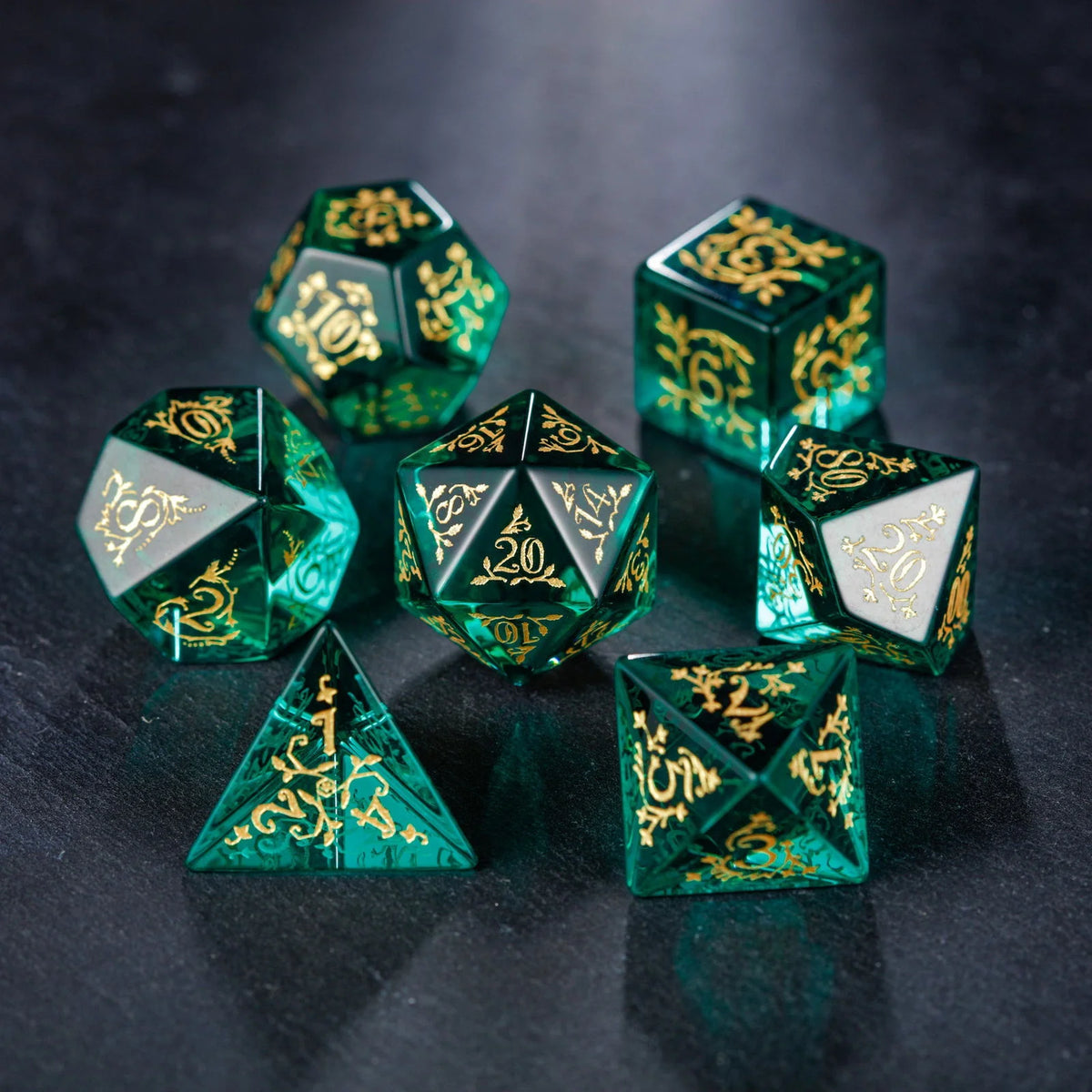 Green Glass Plant Vine Motif DnD D&D Dice Set