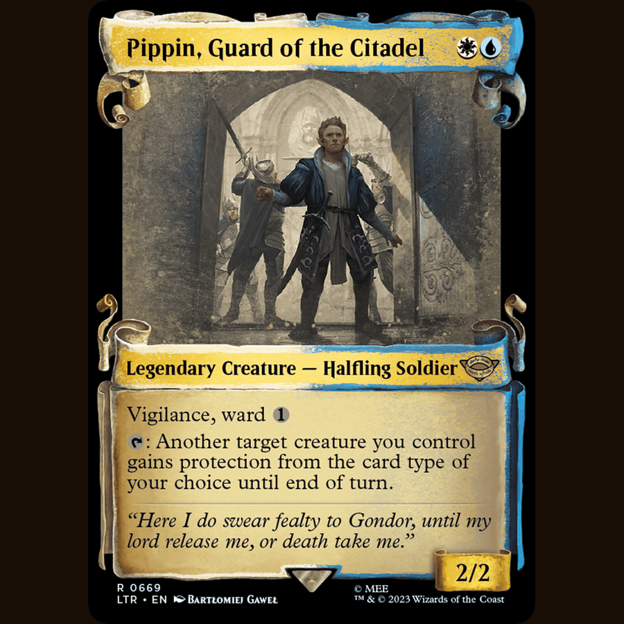 Pippin, Guard of the Citadel (Showcase Scrolls) [Universes Beyond: The Lord of the Rings: Tales of Middle-earth] full-card image