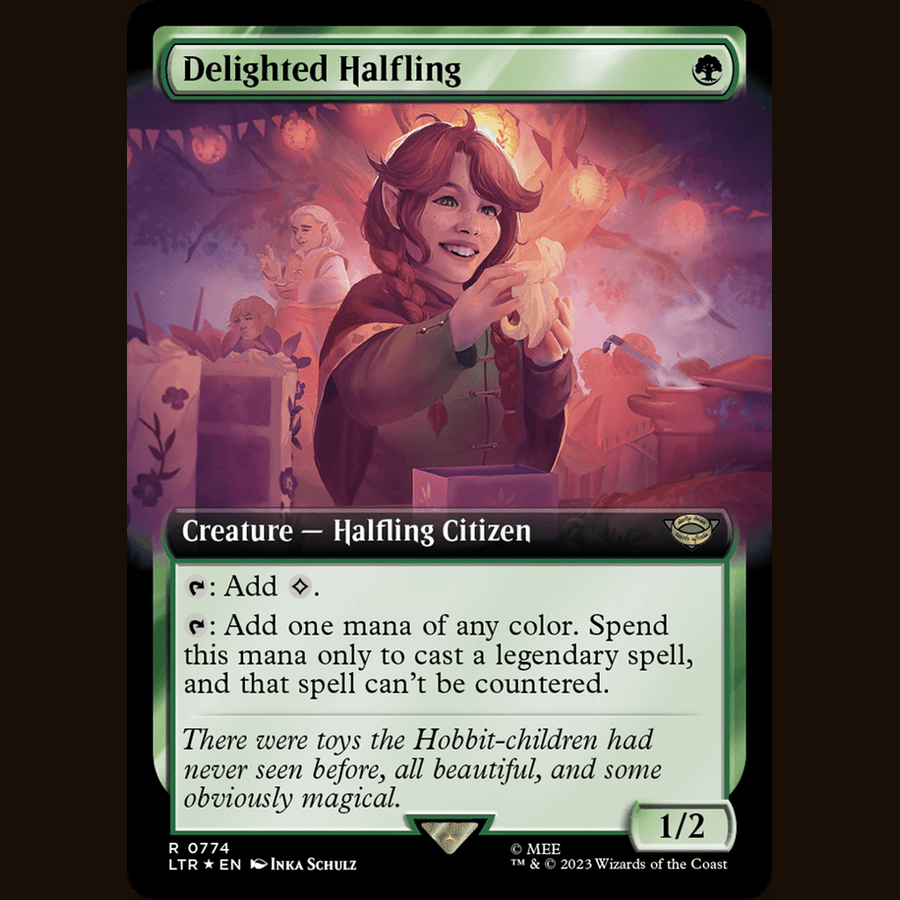 Delighted Halfling (Extended Art) (Surge Foil) [Universes Beyond: The Lord of the Rings: Tales of Middle-earth] full-card image
