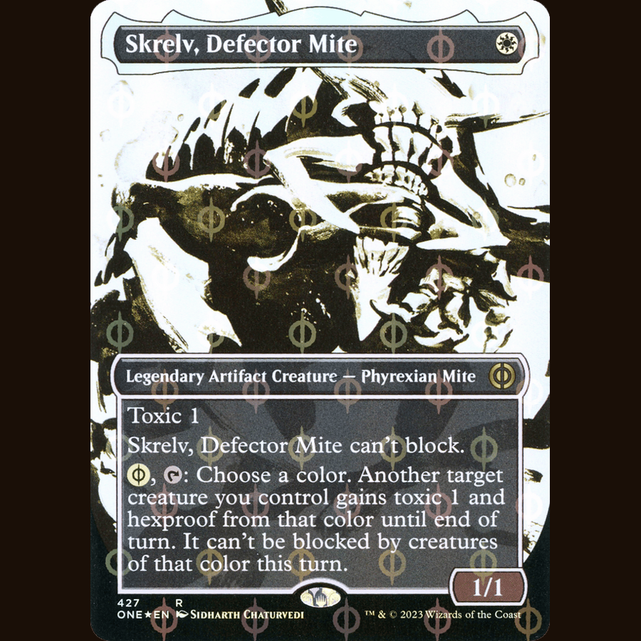 Skrelv, Defector Mite (Borderless) (Step-And-Complete Foil) [Phyrexia: All Will Be One] full-card image