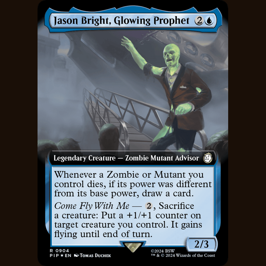 Jason Bright, Glowing Prophet (Extended Art) (Surge Foil) [Universes Beyond: Fallout] full-card image