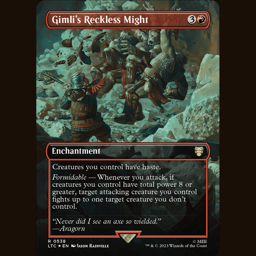 Gimli's Reckless Might (Borderless) (Surge Foil) [Commander: The Lord of the Rings: Tales of Middle-earth] full-card image